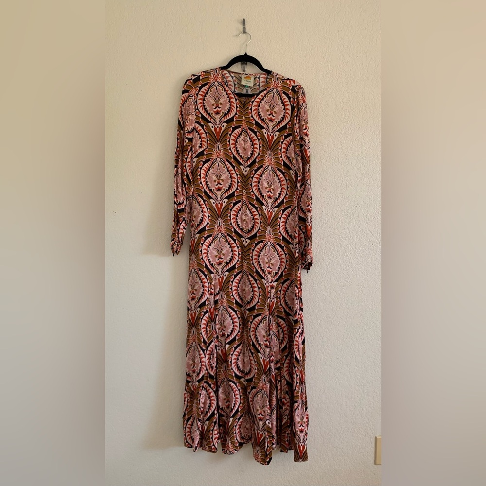 Farm Rio Brown Pineapple Jewelry Midi Dress Women’s Size Large
